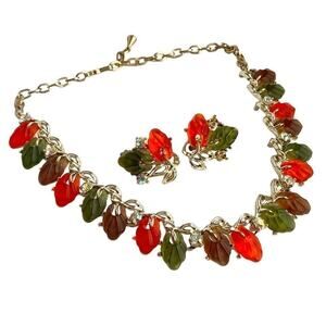 Vintage 50s 60s Lucite Necklace Earrings Set AB Crystal Orange Green Moonglow